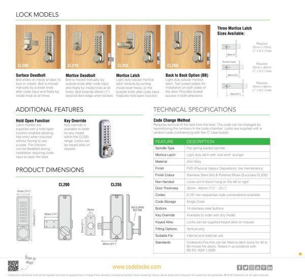 CODELOCKS Mechanical Digital Locks 200 series Surface Bolt PVD Stainless Steel