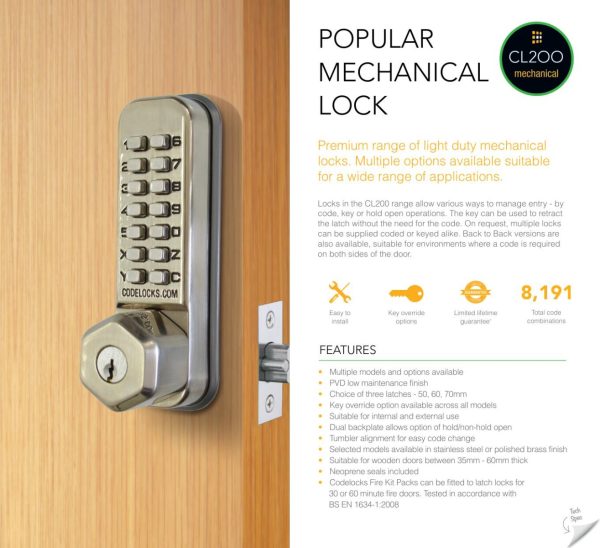 CODELOCKS Mechanical Digital Lock 200 series Mortice Latch Key Override Dual Backplate Stainless Steel