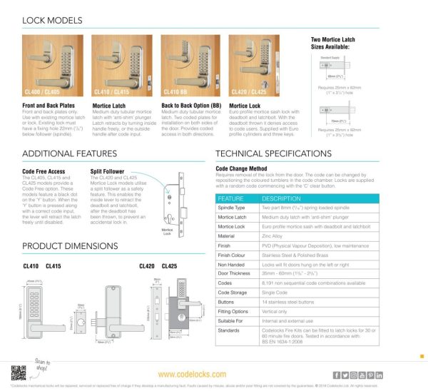 CODELOCKS 420 Mechanical Digital Locks 400 series with Anti-Panic Mort.Lock D/Cyl PVD Polished Brass