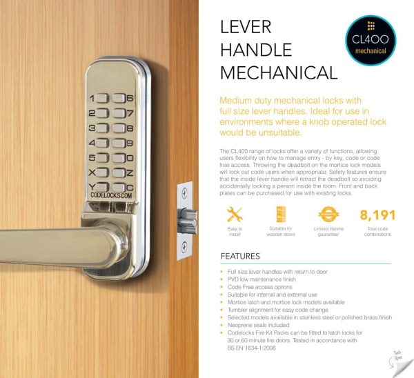 CODELOCKS 420 Mechanical Digital Locks 400 series with Anti-Panic Mort.Lock D/Cyl PVD Polished Brass