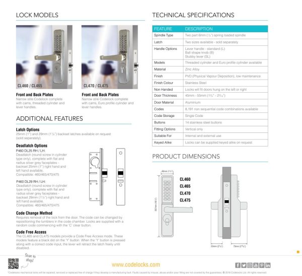 CODELOCKS 475 Mechanical Digital Locks 400 series Narrow Stile Euro Cylinder + Code Free PVD Stainless Steel