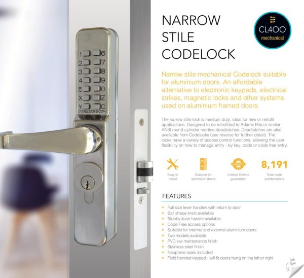 CODELOCKS 465 Mechanical Digital Locks 400 series Narrow Stile Threaded Cylinder+Code Free PVD Stainless Steel