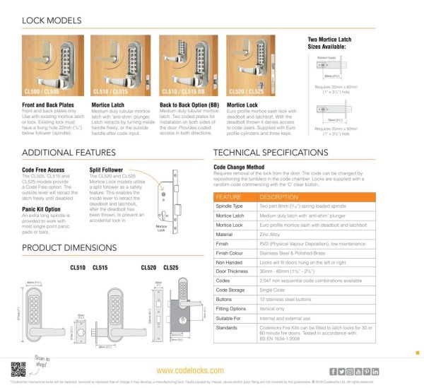 CODELOCKS 510 Mechanical Digital Lock 500 series Tubular Mortice Latch PVD Polished Brass