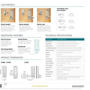 CODELOCKS CL2255 ELECTRONIC Tubular Mortice Latch PVD B/Steel,Fire Kit