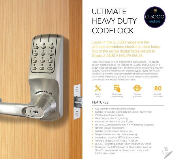 CODELOCKS CL5000 Electronic Digital Lock Tubular Mortice Latch PVD B/Steel