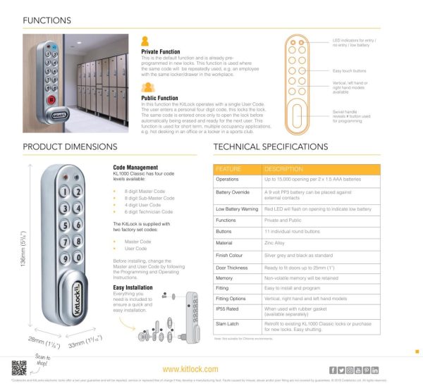 CODELOCKS KL1000 Classic Electronic Kitlock Cabinet Lock Silver Grey Left Hand