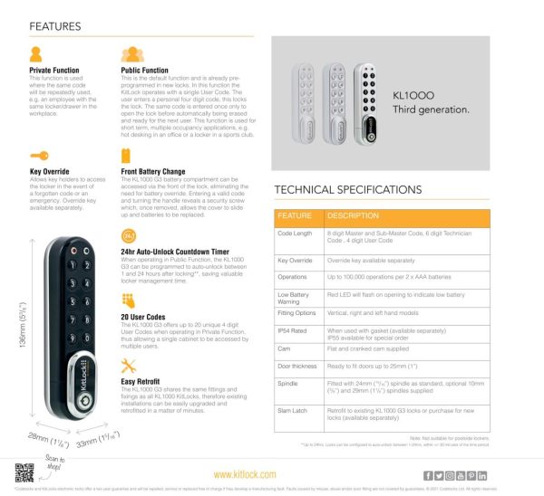 CODELOCKS KL1000 G3 Electronic Kitlock Cabinet Lock Black Chrome Left Hand