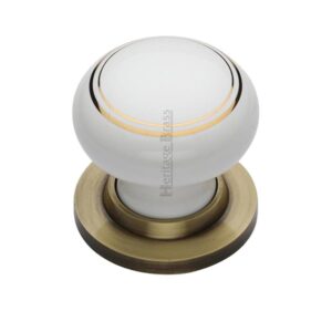 Heritage Brass Gold Line White Porcelain Mortice Door Knobs, Antique Brass Rose (Sold In Pairs)