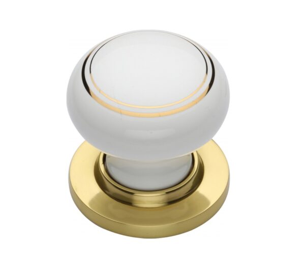 Heritage Brass Gold Line White Porcelain Mortice Door Knobs, Polished Brass Rose (Sold In Pairs)