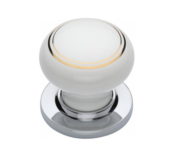 Heritage Brass Gold Line White Porcelain Mortice Door Knobs, Polished Chrome Rose (Sold In Pairs)