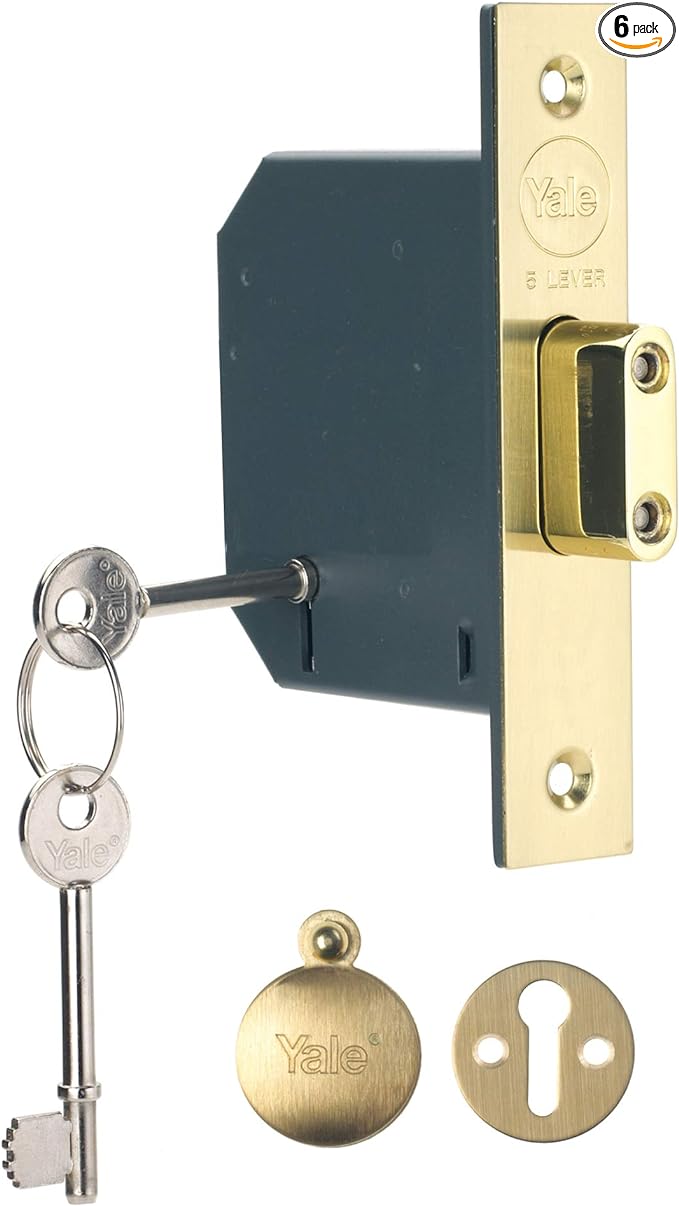 Yale P-M552-PB-65 5 Lever Mortice Deadlock, Boxed, Suitable for External Doors, Brass Finish, 2.5 Inch/64 mm