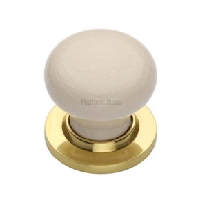 Heritage Brass Cream Crackle Porcelain Mortice Door Knobs, Polished Brass Rose (Sold In Pairs)