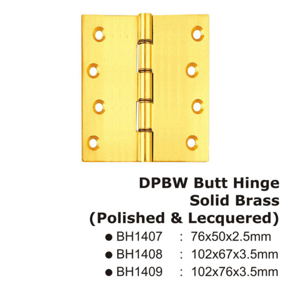 Dpbw Butt Hinge - Solid Brass (Polised & Lecquered) 76Mm X 50Mm X 2.5Mm