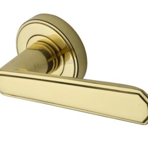 Heritage Brass Century Art Deco Style Door Handles On Round Rose, Polished Brass (Sold In Pairs)