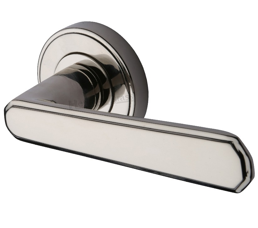 Heritage Brass Century Art Deco Style Door Handles On Round Rose, Polished Nickel (Sold In Pairs)