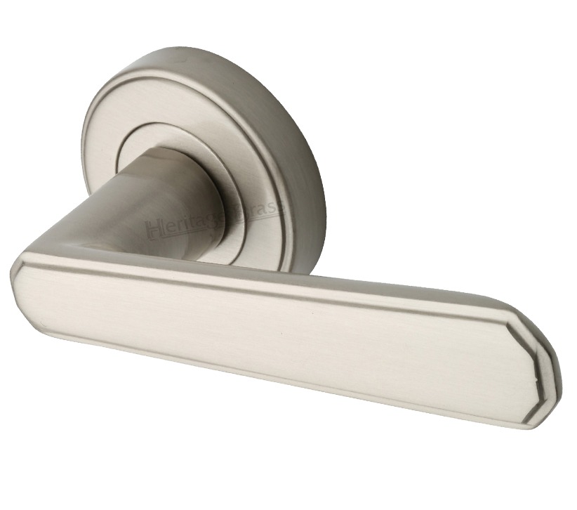 Heritage Brass Century Art Deco Style Door Handles On Round Rose, Satin Nickel (Sold In Pairs)