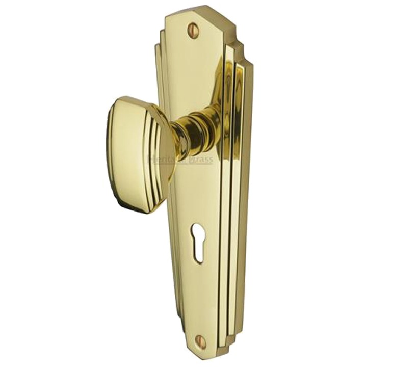 Heritage Brass Charlston Art Deco Style Door Knobs On Backplate, Polished Brass (Sold In Pairs)