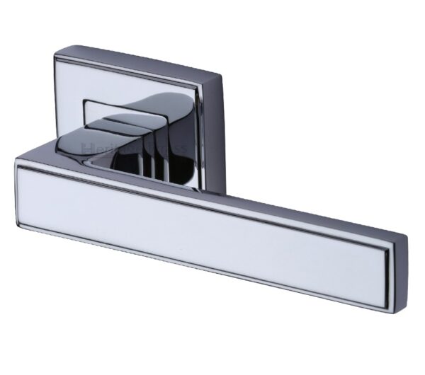 Heritage Brass Linear Polished Chrome Art Deco Style Door Handles On Square Rose (Sold In Pairs)