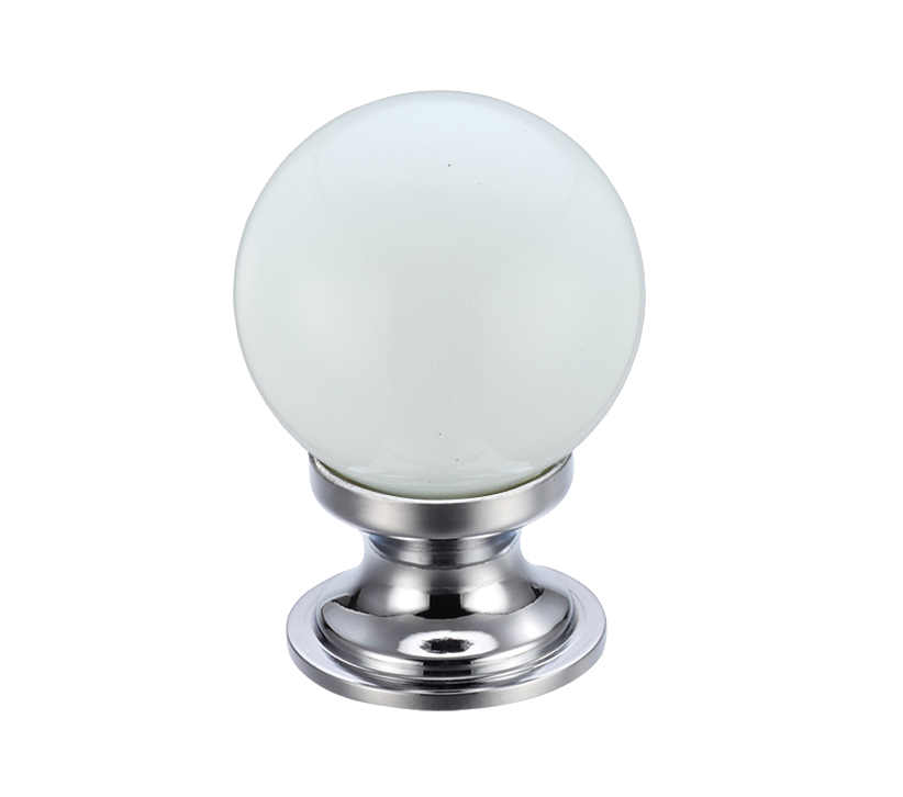 White Glass Ball Cupboard Knobs (25mm Or 30mm), Polished Chrome Base