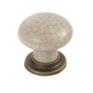 Fingertip Mushroom Pattern Porcelain Cupboard Knob, Ivory Crackle With Florentine Bronze Base