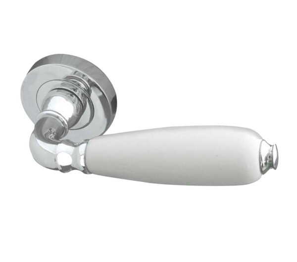 Frelan Hardware Oxford White China Door Handles On Round Rose, Polished Chrome (Sold In Pairs)