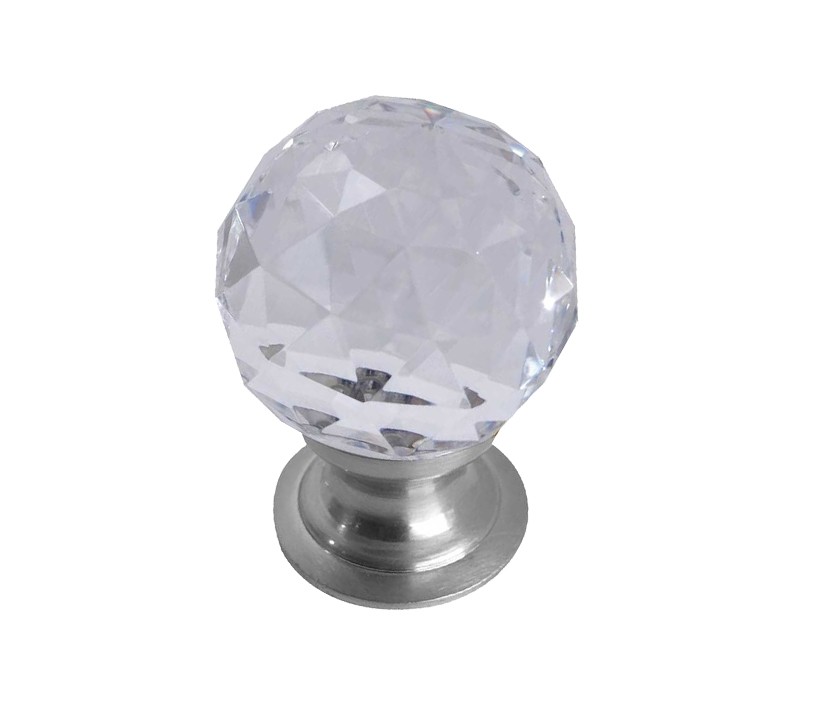 Faceted Glass Cupboard Door Knob, Satin Chrome