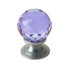 Purple Coloured Faceted Glass Cupboard Door Knob, Satin Chrome