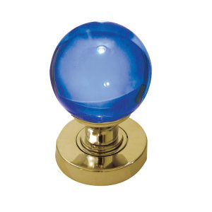 Blue Coloured Plain Ball Glass Mortice Door Knob, Polished Brass (sold in pairs)