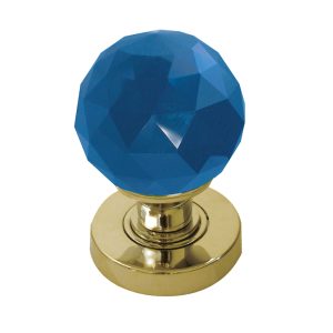 Blue Coloured Faceted Glass Mortice Door Knob, Polished Brass (sold in pairs)