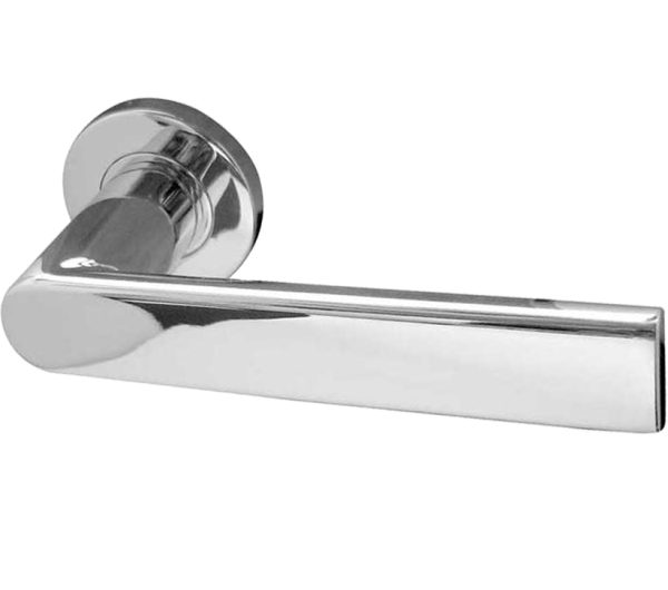 Sandrine Door Handles On Round Rose, Polished Stainless Steel (sold in pairs)