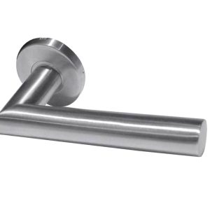 Julian Door Handles On Round Rose, Satin Stainless Steel (sold in pairs)