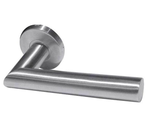 Julian Door Handles On Round Rose, Satin Stainless Steel (sold in pairs)