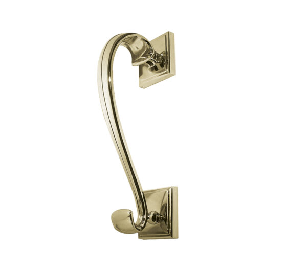 Frelan Hardware Sloan Scroll Door Knocker On Square Rose, Polished Brass