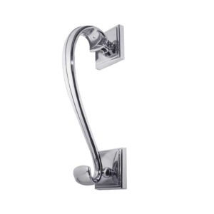 Frelan Hardware Sloan Scroll Door Knocker On Square Rose, Polished Chrome