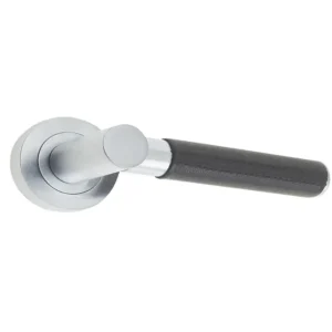 Ascot Door Handle On Rose Black Leather/Satin Chrome