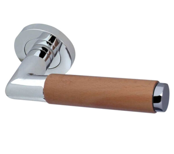 Frelan Hardware Reguitti Havanna Light Wood Door Handles On Round Rose, Polished Chrome (Sold In Pairs)