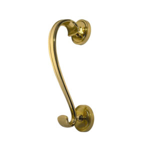 Frelan Hardware Sloan Scroll Door Knocker On Round Rose, Polished Brass