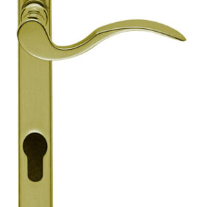 Scroll Narrow Plate, 92Mm C/C, Euro Lock, Polished Brass Door Handles (Sold In Pairs)