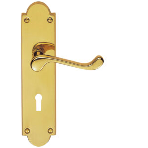 Victorian Scroll Door Handles On Shaped Backplate, Polished Brass (Sold In Pairs)