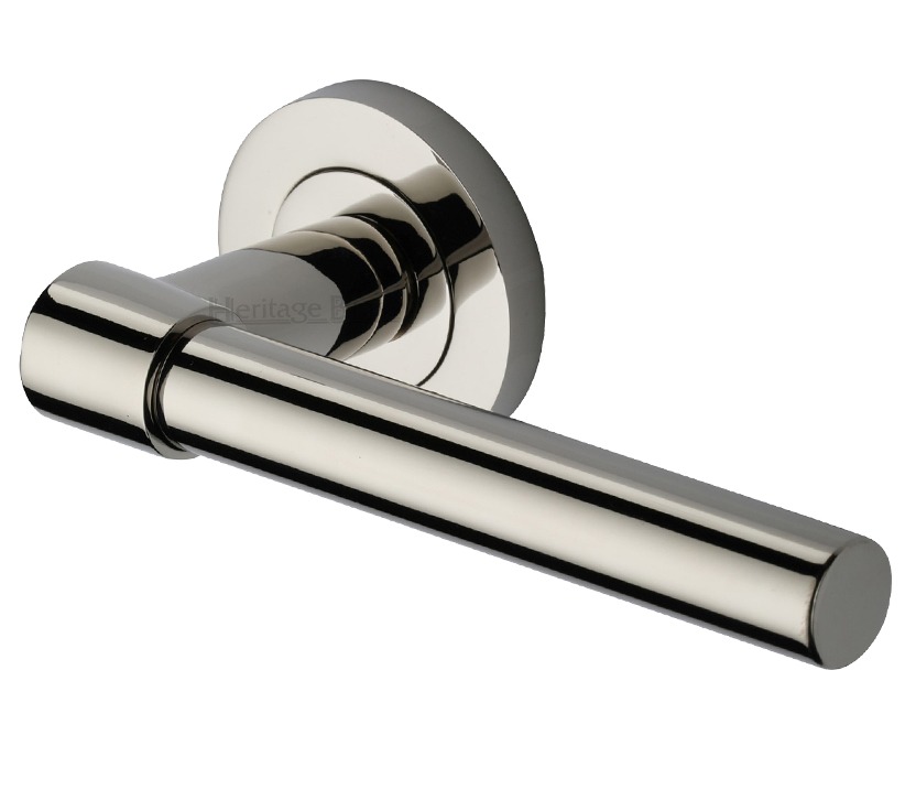 Heritage Brass Phoenix Door Handles On Round Rose, Polished Nickel (Sold In Pairs)