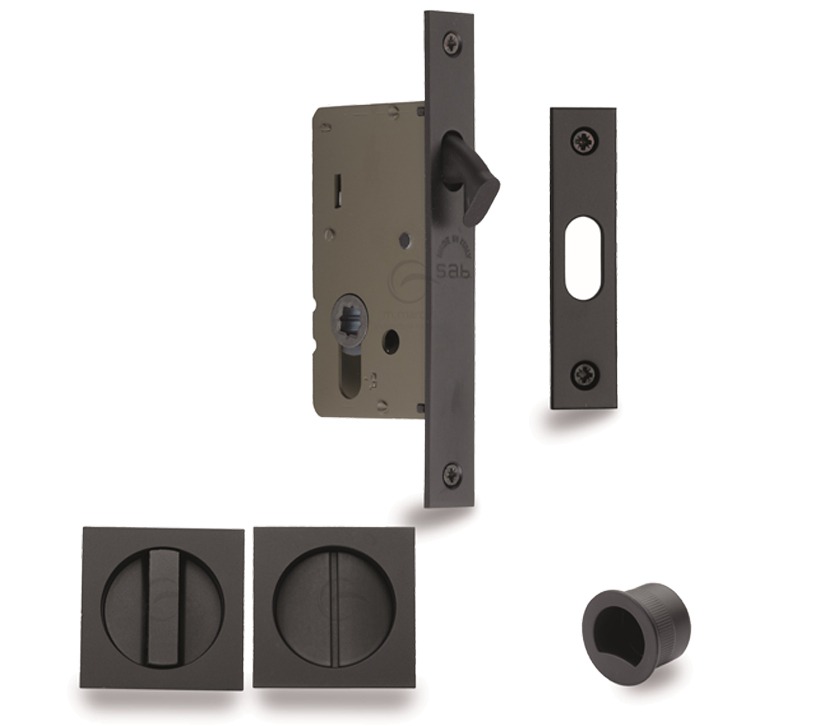 Heritage Brass Square Flush Handle Sliding Door Privacy Lock Set, Matt Black