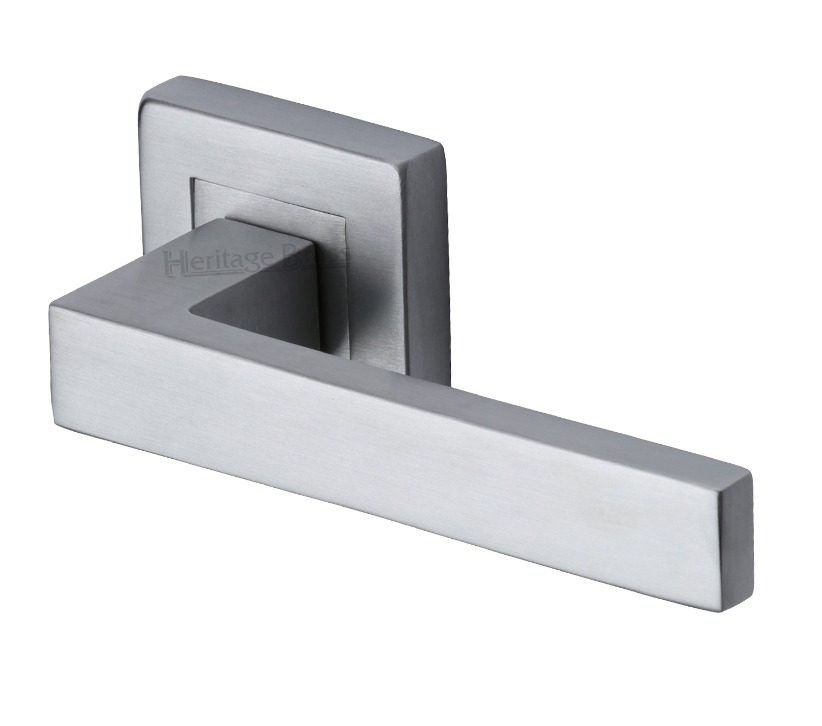 Heritage Brass Delta Sq Satin Chrome Door Handles On Square Rose (Sold In Pairs)