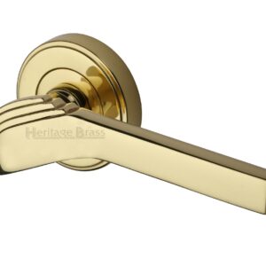 Heritage Brass Tiffany Art Deco Style Door Handles On Round Rose, Polished Brass (Sold In Pairs)