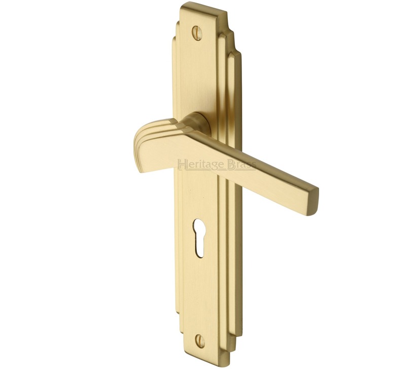 Heritage Brass Tiffany Art Deco Style Door Handles, Satin Brass (Sold In Pairs)