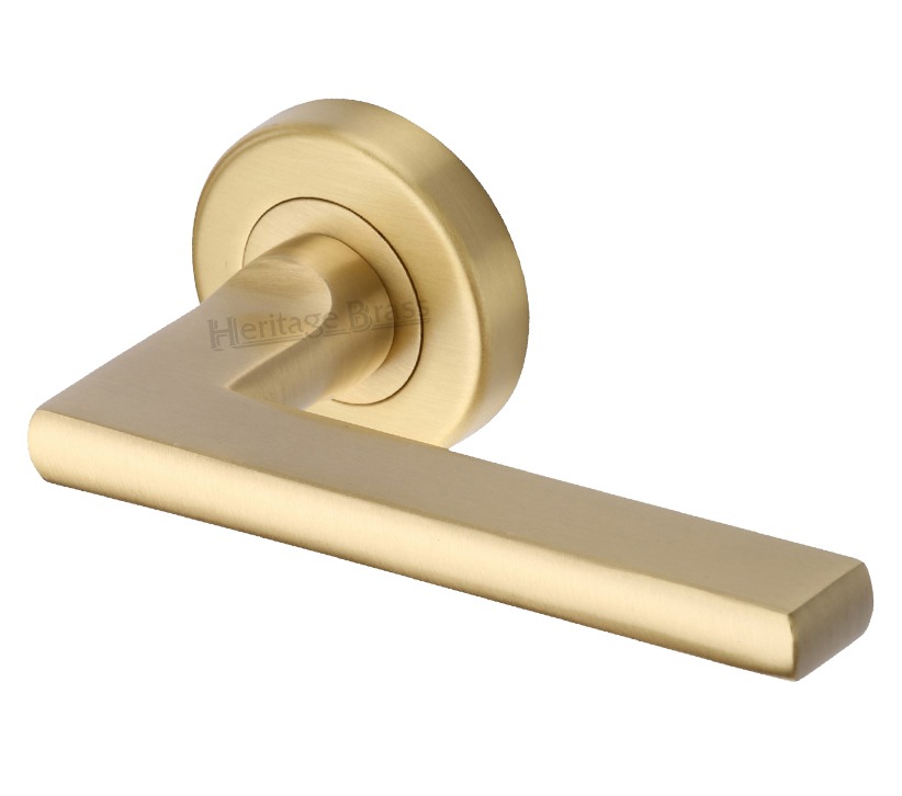 Heritage Brass Trident Satin Brass Door Handles On Round Rose (Sold In Pairs)