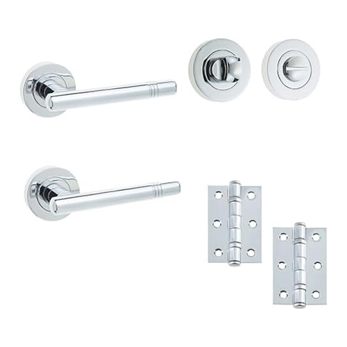 IRONMONGERY SOLUTIONS Bathroom Pack of Door Handle, Bathroom Locks, Turns & Release & Hinges - Pack of Door Handle in Polished Chrome Finish