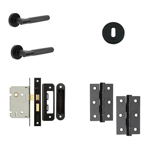 IRONMONGERY SOLUTIONS Lock Pack of Door Handle, 2 Lever Sashlocks, Escutcheon & Hinges - Pack of Door Handle in Matt Black Finish