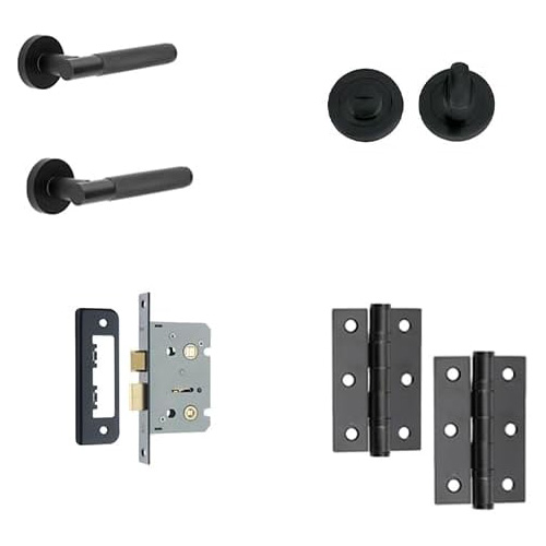 IRONMONGERY SOLUTIONS Bathroom Pack of Door Handle,Bathroom Locks,Turn & Release & Hinges - Pack of Door Handle in Matt Black Finish