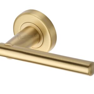 Heritage Brass Challenger Satin Brass Door Handles On Round Rose (Sold In Pairs)