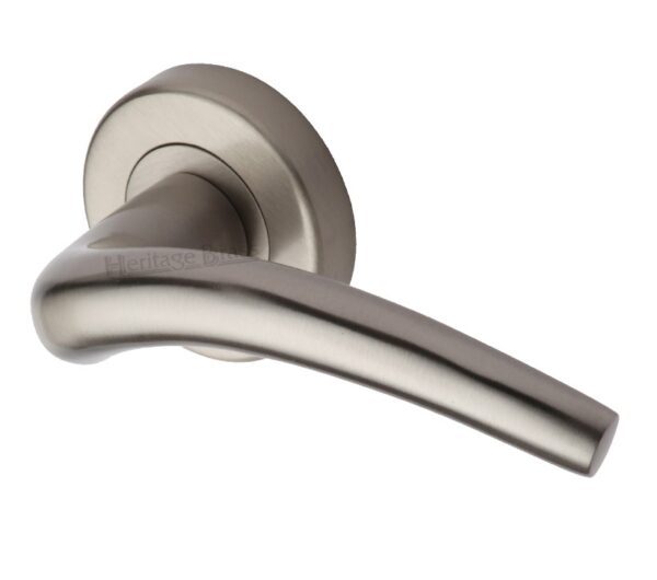 Heritage Brass Wing Satin Nickel Door Handles On Round Rose (Sold In Pairs)